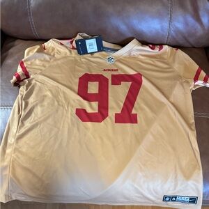 SOLD. San Francisco 49ers Gold Jersey with #97 “BOSA”. Women’s Sz XXL